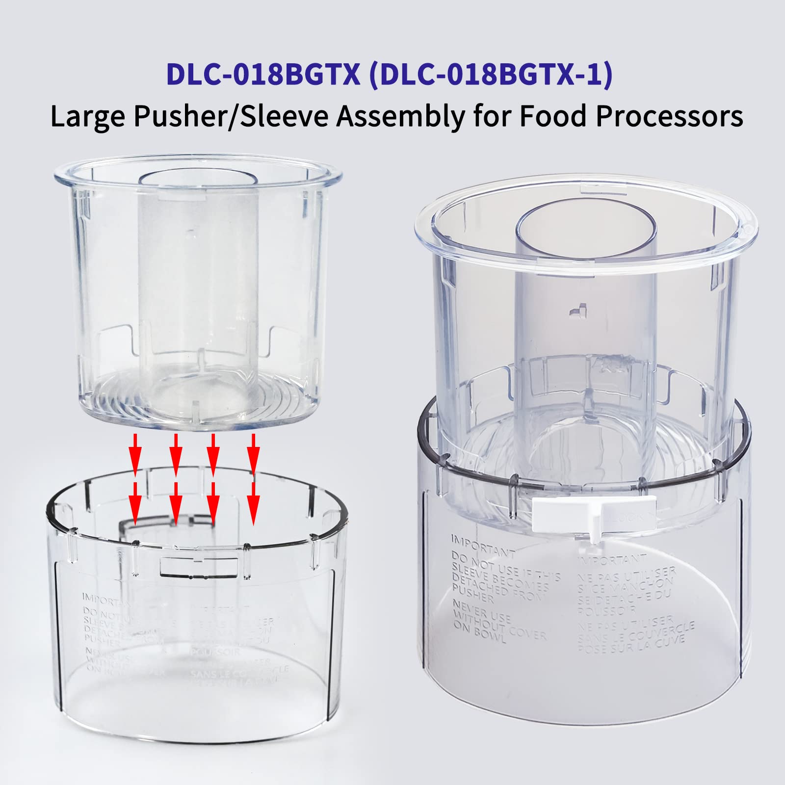 DLC-018BGTXT (DLC-018BGTXT-1) Large Pusher and Sleeve Assembly Fit for Food Processors, Compatible with Cuisinart Tritan Custom Food Processor DFP-11, DLC-8S, DLC-8SY, DFP-11 Deluxe 11,DLC -5,DLC-7FPC