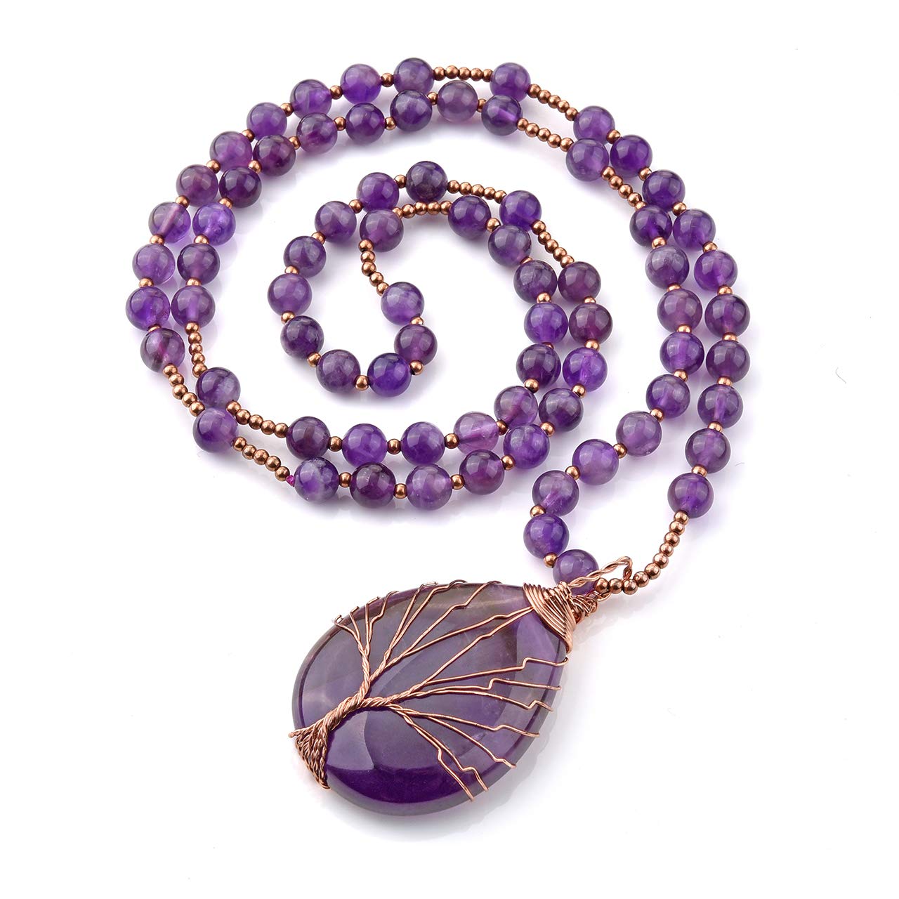 JOVIVI Raw Amethyst Crystal Tree of Life Necklace Women Prayer Mala Meditation Beads Natural Purple Gemstone Healing Chakra Long Necklace Men Jewellery