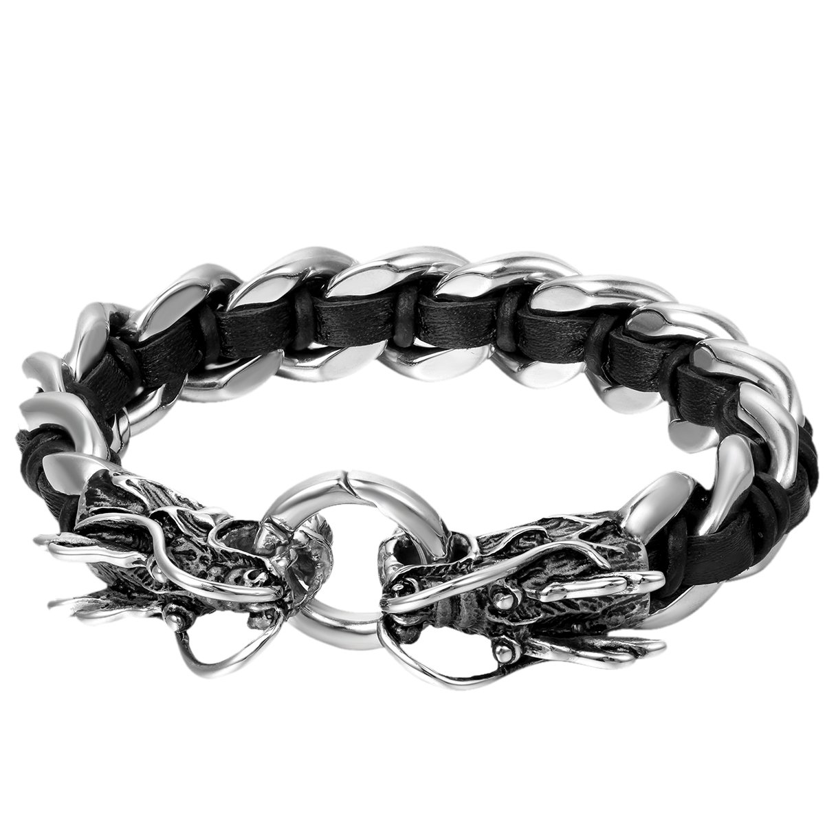 Oidea Mens Stainless Steel Gothic Large and Heavy Dragon Head Leather Braided Curb Chain Biker Cuff Bangle Bracelet,9.3 Inch