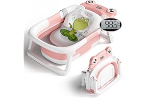 BUNWAG Collapsible Baby Bathtub,Foldable Infant Bathtub for Newborn to Toddler with Soft Cushion and Thermometer,Portable Travel Baby Bath Tub, Durable Newborn Bath Tubs with No-Slip Feet (Pink)