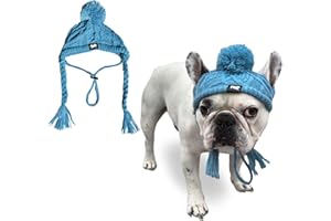 Fabulous Fido CozyEars Classic Dog Knit Hat - Dog Winter Hat with Ear Holes & Unique Chin Fix Dog Hats for Small Dogs - Knit Pom Pom Dog Beanie Hats with Soft Fabric for French Bulldog (Aqua Blue, S)