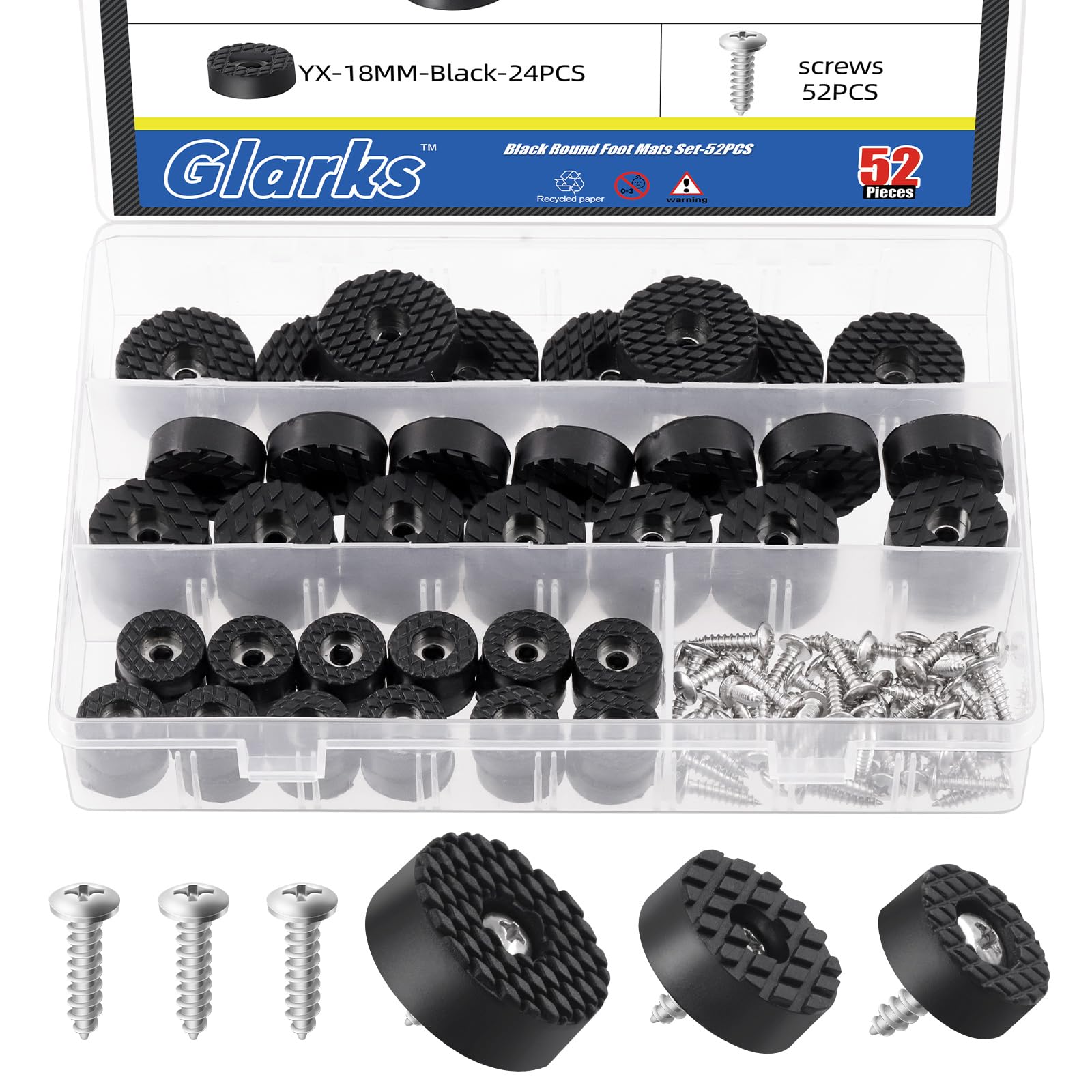 Glarks 52Pcs Screw-On Rubber Feet Set, 18MM 24MM 30MM Black Floor Protector Non Slip Furniture Pads for Furniture, Electronics and Appliances