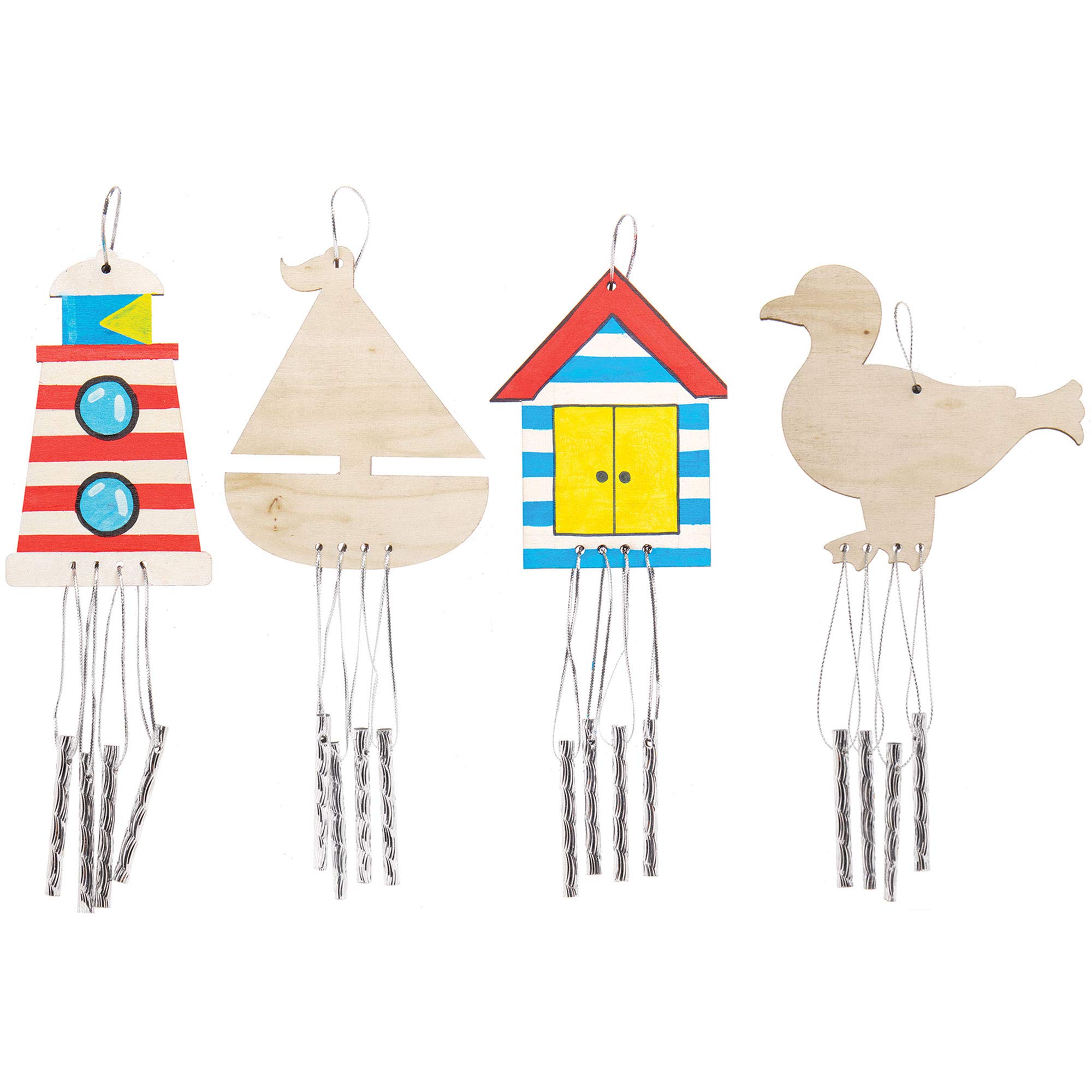 Baker Ross AT868 Seaside Wooden Wind Chimes - Pack of 4, Perfect for Children to Design and Decorate, Ideal for School, Home Craft and Group Activities