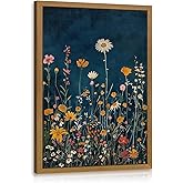CAZLOUC Vintage Wildflower Wall Art, Colorful Botanical Flower Wall Decor, Rustic Dark Blue Floral Canvas Painting, Classic Minimalist Poster Print for Bedroom Office Wood Framed 12x16 Inch