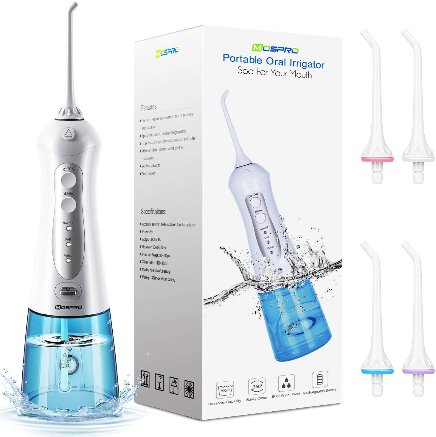 Water Flosser Professional Cordless Dental Oral Irrigator - 300ML Portable and Rechargeable IPX7 Waterproof 3 Modes Water Flosser with Cleanable Water Tank for Home and Travel, Braces & Bridges Care