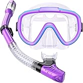 Seovediary Kids Snorkel Set, Anti-Fog Panoramic Tempered Glass Kids Snorkel mask, Anti-Leak Scuba Diving Mask with Mesh Bag, Dry Top Snorkeling Gear for Kids and Youth Age 4-16