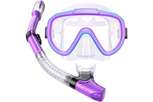 Seovediary Kids Snorkel Set, Anti-Fog Panoramic Tempered Glass Kids Snorkel mask, Anti-Leak Scuba Diving Mask with Mesh Bag, Dry Top Snorkeling Gear for Kids and Youth Age 4-16