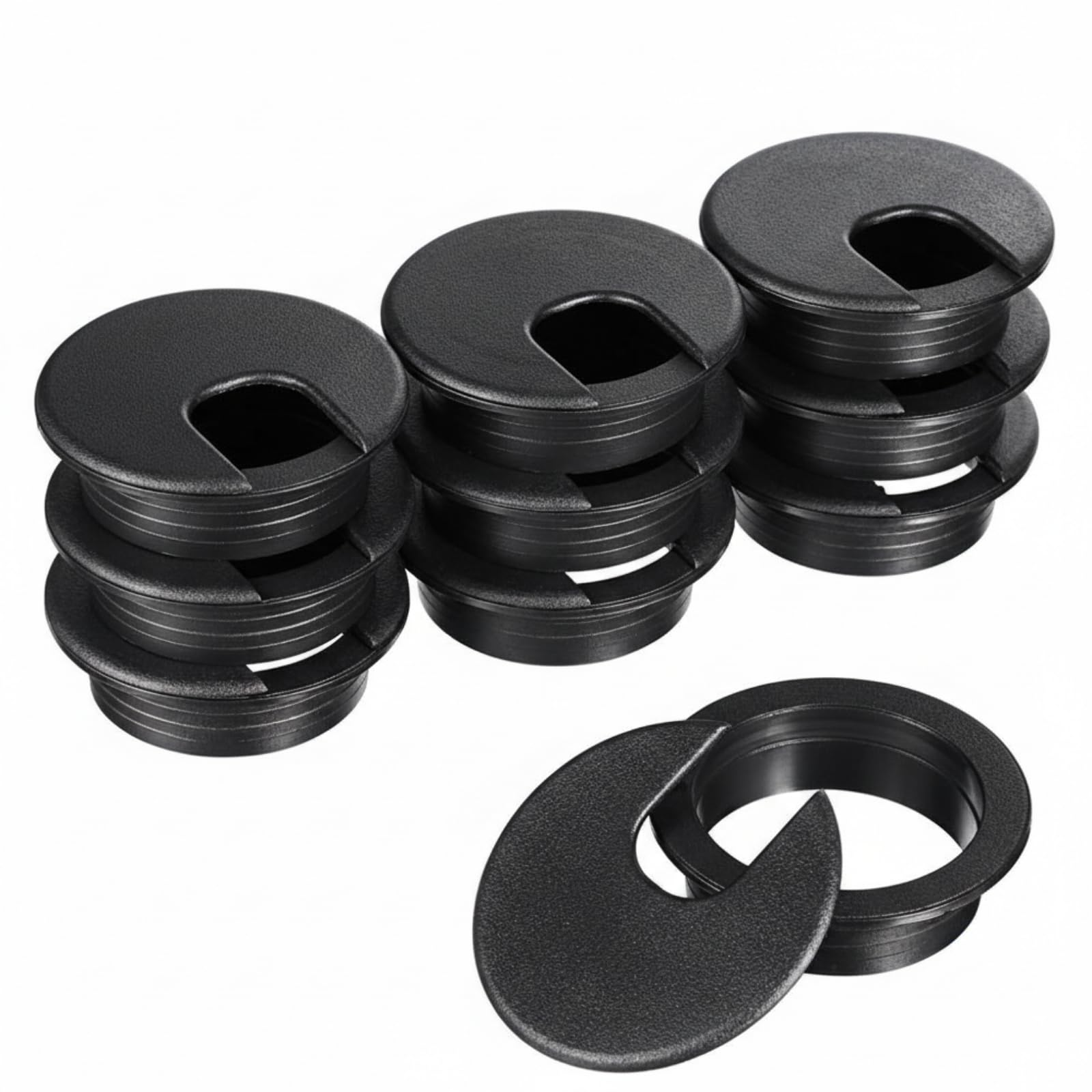 10 Packs Black Desk Cable Wire Grommet Cord, PC Computer Desk Plastic Grommet Cord, Tidy Cable Hole Cover Organizers (50 mm/ 2 Inch Mounting Hole Diameter)