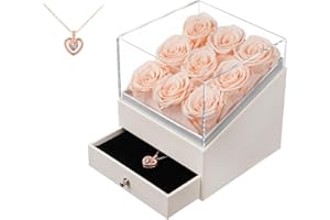 Beaulasting Roses Valentines Day Gifts for Her Preserved Roses in a Box Eternal Roses with Necklace Gift for Mother's Day Wedding Anniversary Birthday (Golden Pattern Square Box, Champagne Roses)