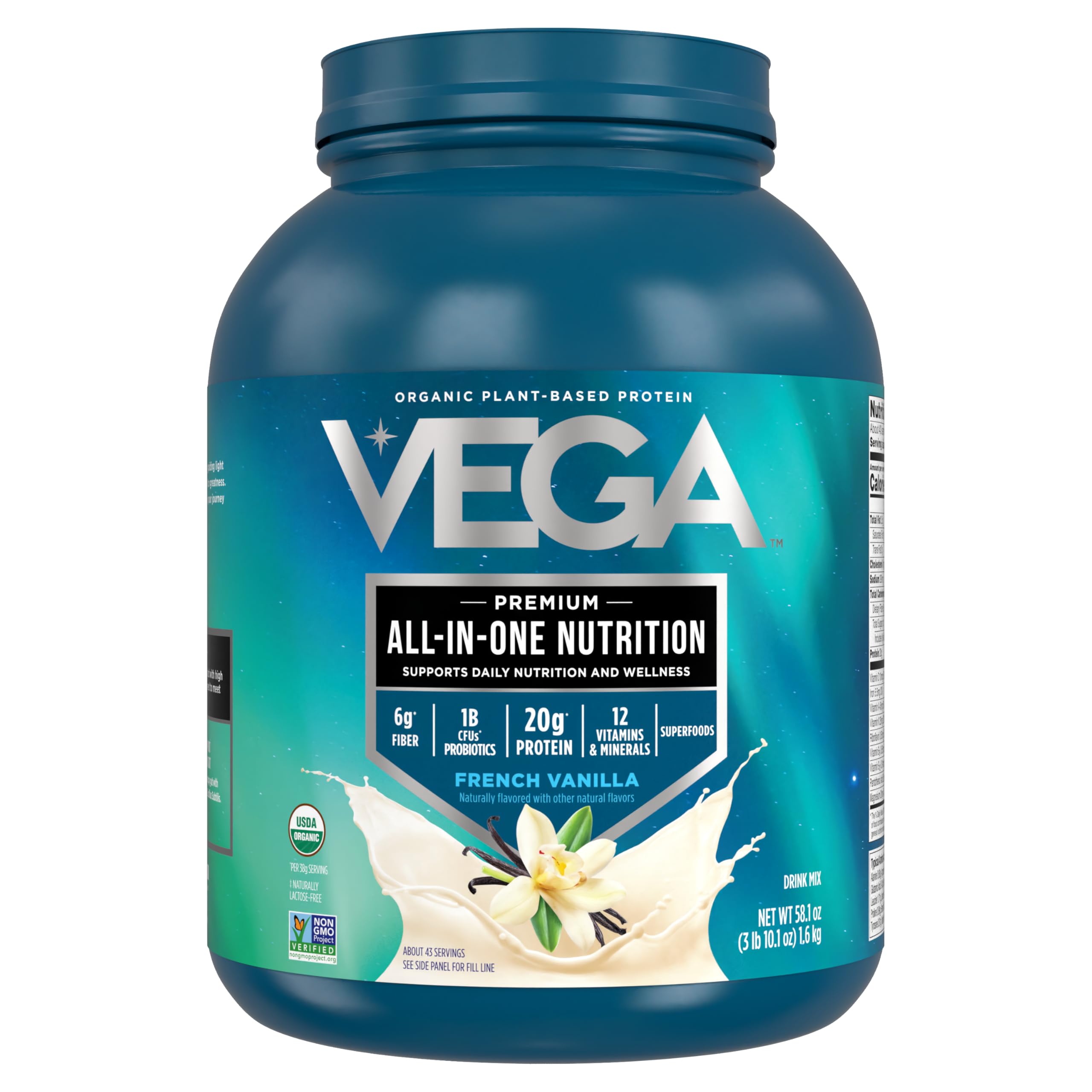 Vega All in One Nutrition Organic – 20g Plant-Based Pea Protein, French Vanilla, 43 Servings, Vitamins A & C, Probiotics, Greens, Vegan, Keto, Gluten Free, 3.63lbs (Packaging May Vary)