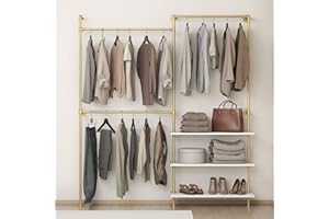 DABILONGC Industrial Pipe Clothing Rack Wall Mounted Heavy Duty, Space Saving Garment Hanger System for Wardrobe/Walk-in Closet (Gold, 3 Tier)