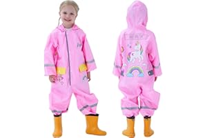 Hovkib Kids Rain Suit Toddler Girls Boys One Piece Raincoat Waterproof Coverall 3D Cartoon Rain Jacket 1-10 Years