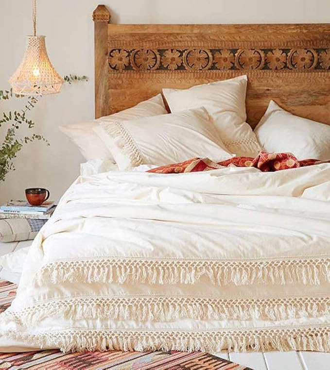 White Duvet cover Fringed Cotton Tassel Duvet Cover Quilt Cover Full