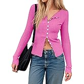 Womens Cardigans Button Down Long Sleeve Ribbed Shirts Cute Lighweight Fitted Y2K Fall Tops