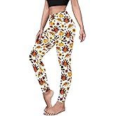 Eciodci Women's Thanksgiving Leggings Funny Turkey 3D Printed Fall Leaves Soft High Waist Stretchy Tight Pants for Women