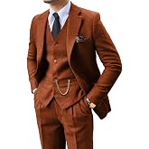 Retro 3 Piece Suit Tweed Herringbone Men's Suits Slim Fit Jacket Vest Pant | Tweed Wool Blend Retro 3 Piece Suit Herringbone Men's Suits Vintage Wedding Groom Tux Set Dress Prom Single Breasted Jacket