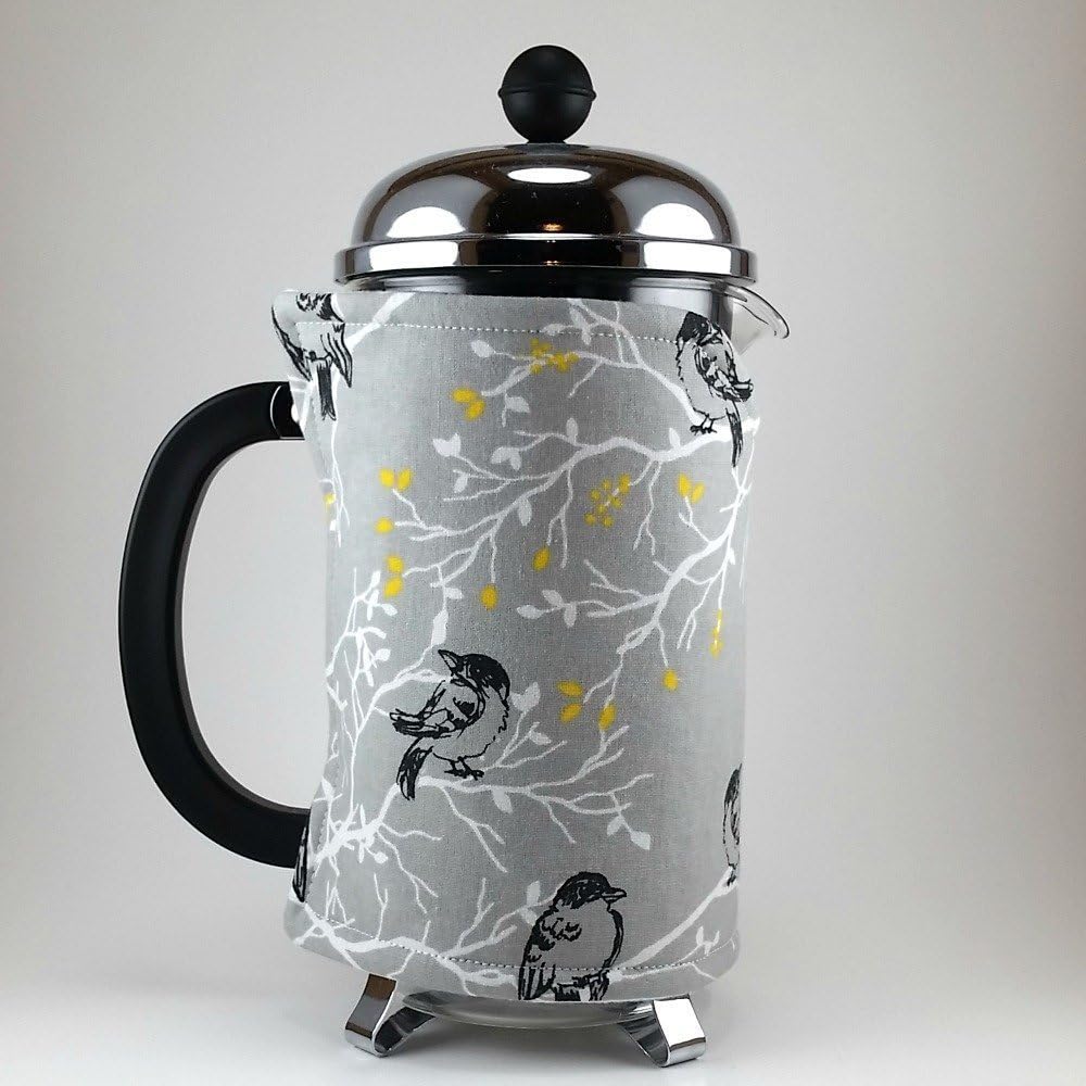 French Press Cozy Cover, 8 cup, Grey Bird Decor