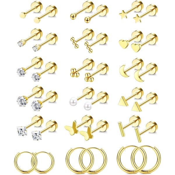 SAILIMUE 21-Pair Stainless Steel Stud Earrings Set - 20G Flat Back Cartilage Earrings | Hypoallergenic Tiny Jewelry For Women & Men