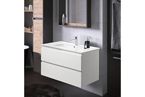 KSWIN White 36" Bathroom Vanity Wall Mounted Floating Vanity Two Drawers Storage Cabinet with White Ceramic Integrated Sink