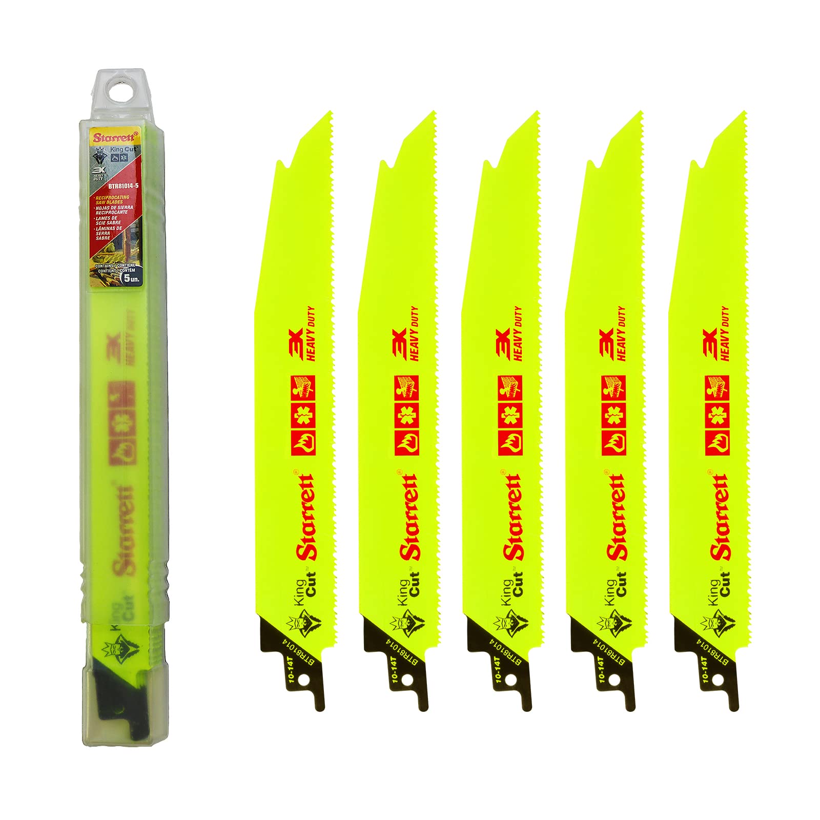 Starrett Bi-Metal Reciprocating Saw Blade - 5 Pieces BTR81014-5 King-Cut 200 mm/8 Inch 10 - 14 TPI Unified Shank Heavy Duty Cutting - Compatible with Bosch Dewalt Makita and Many Others