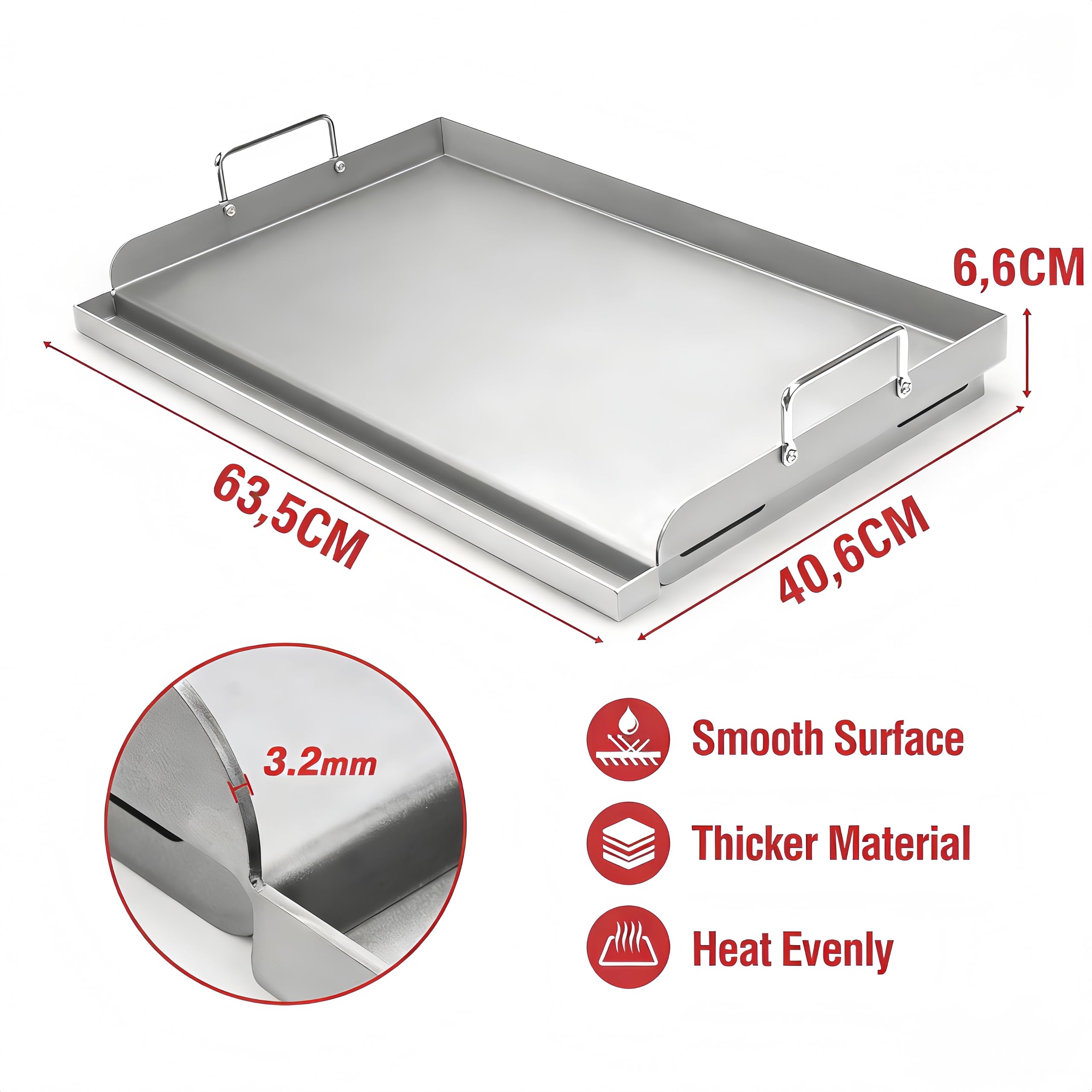 Universal BBQ Plancha Grillplatte 63,5 x 40,6 CM mit Abnehmbarer Griff, Universal passend für Weber Gasgrill & Holzkohlegrill,Grillpfanne für Burger Fleisch Gemüse 2