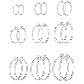 Tornito 9 Pairs Clip on Hoop Earrings for Women Non Pierced Hoop Earrings Fake Spring Hoop Earrings Silver Gold Tone 9 Sizes