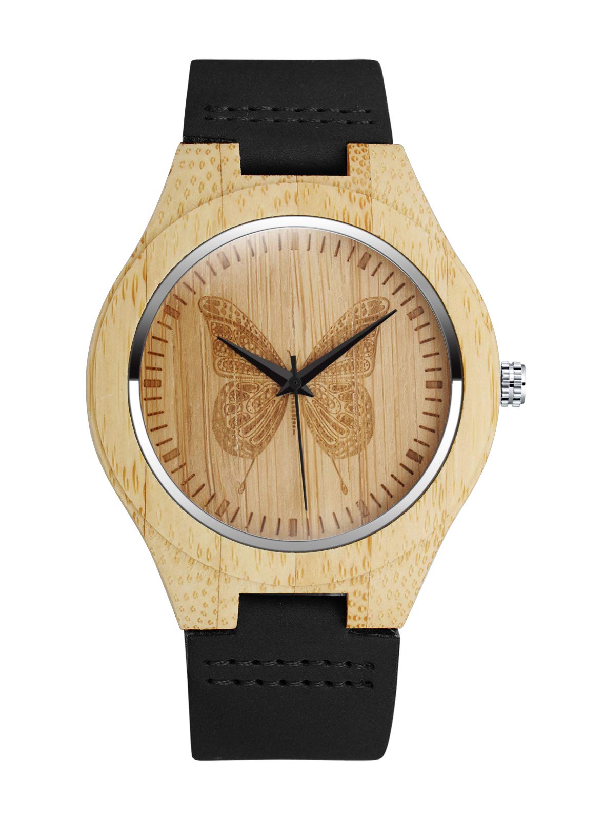 MicLee Men's Women's Wrist Watches, Men's Women's Bamboo Wood Watch, Butterfly Pattern Wooden Watch, with Leather Band, Natural Wood Quartz Watch, Decorative Casual Watch