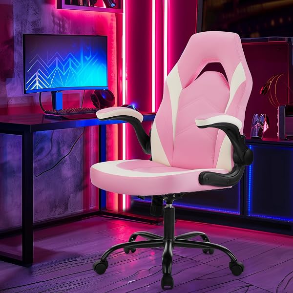 SWEETCRISPY COMPUTER GAMING DESK CHAIR – ERGONOMIC LUMBAR SUPPORT EXECUTIVE WITH PU LEATHER AND FLIP-UP ARMREST, HEIGHT ADJUSTABLE WITH 360° SWIVEL WHEELS, PINK WHITE, FOR HOME AND OFFICE
