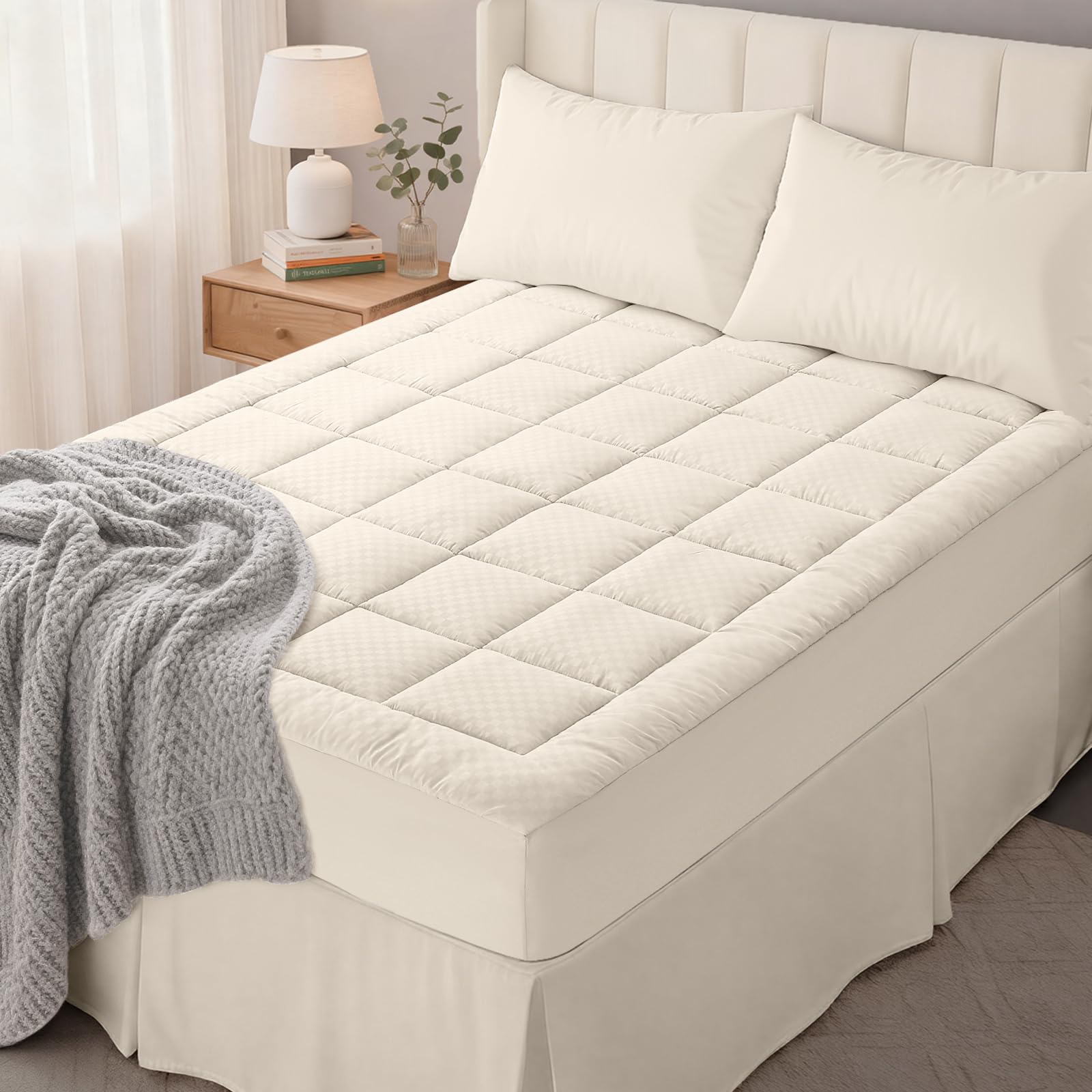 OLANLY Full Quilted Fitted Mattress Pad, Elastic Fitted Mattress Topper, Cooling Soft Mattress Cover Stretches up to 21 Inches Deep, Machine Washable Mattress Protector (54x75 inch, Ivory White) Image