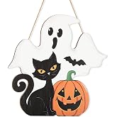 Halloween Decoration Wooden Ghost Door Halloween Wreaths for Front Door Sign Wall Signs Decor, Pumpkin Black Cat Wreath Sign Hanging for Home Wall Decor Outdoor Indoor Farmhouse Party Supply