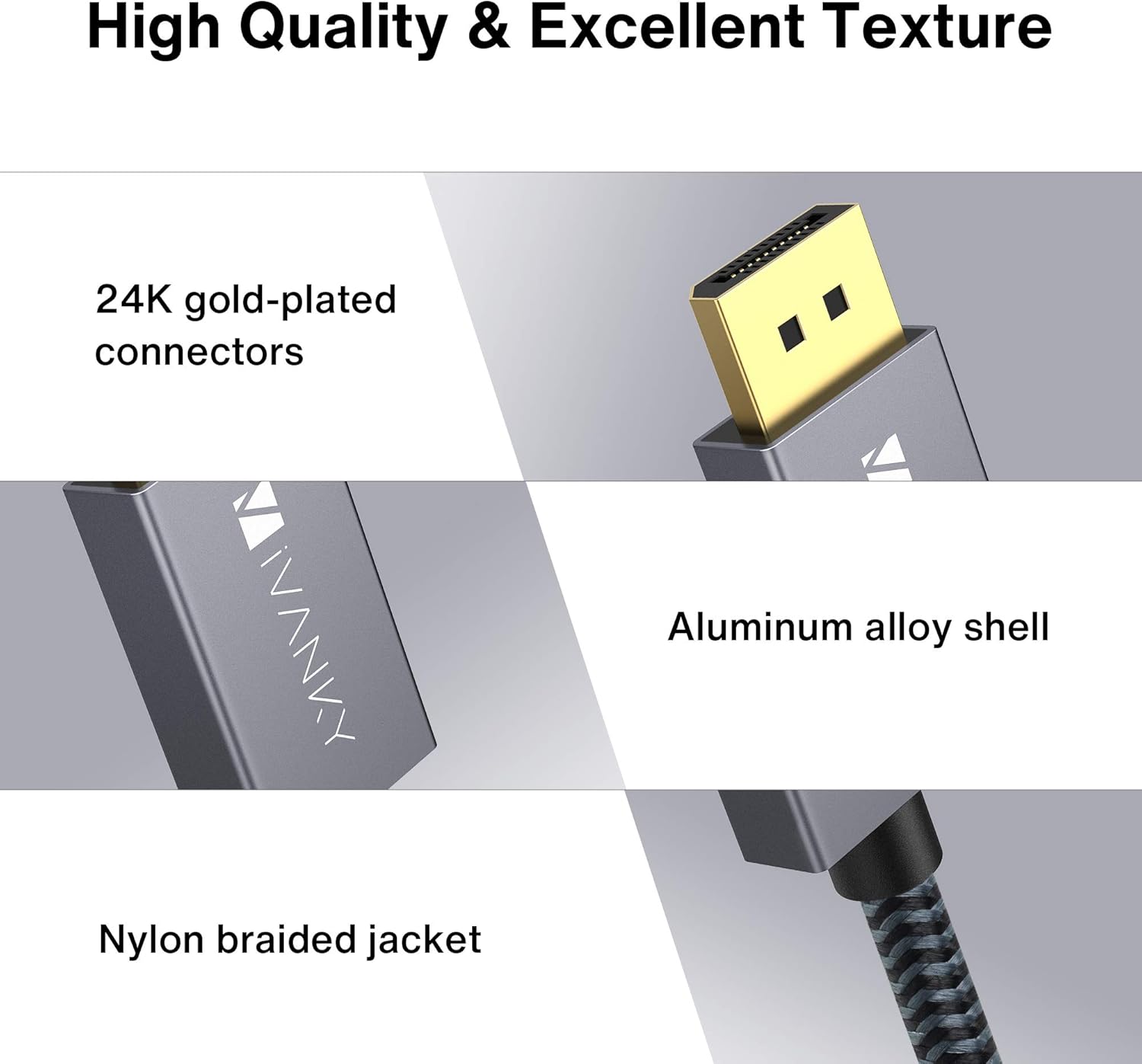 DisplayPort 1.2 Cable 6.6ft, iVANKY 4K DisplayPort to DisplayPort Cable Nylon Braided, High Speed DP Cable, Supports 4K@60Hz and 2K@165Hz, Compatible with PC, Laptop, TV, Slim Aluminum Shell - Grey: Computers & Accessories