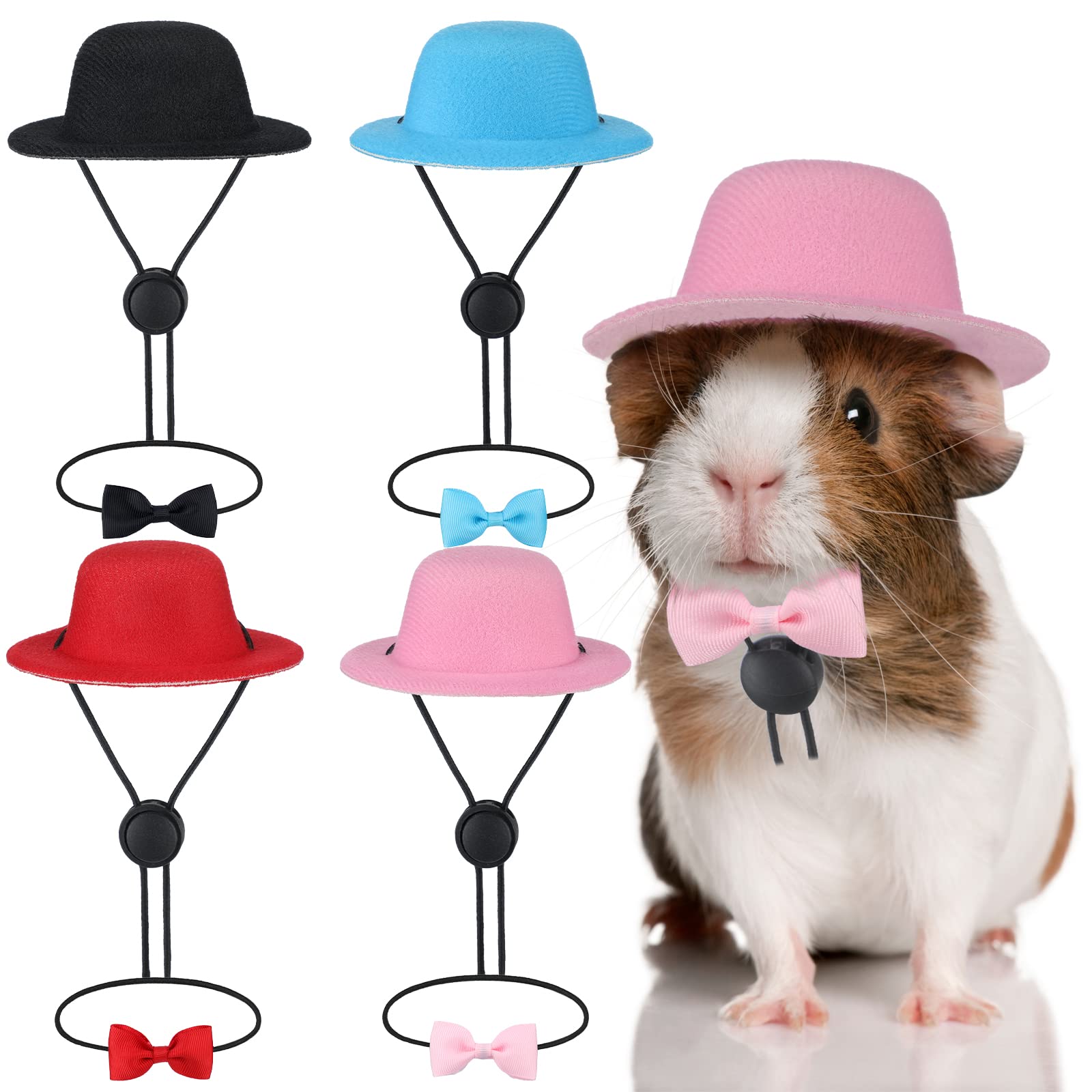 4 Sets 8 Pieces Guinea Pig Clothes Small Animal Bow Ties Pet Hats Outfit Suit Cosplay Cool Kawaii Pet Black Hat for Hamster Ferret Rats Puppy Kitten Hedgehog Bearded Dragon