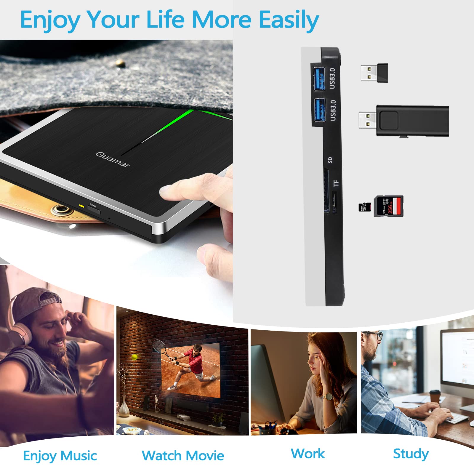 Guamar External DVD Drive for PC: USB-C CD Burner Player for Laptop Mac Windows 11 with SD/TF Slot/2 USB Ports/Carrying Case Read Write Music/Movie/Photo Portable Plug & Play
