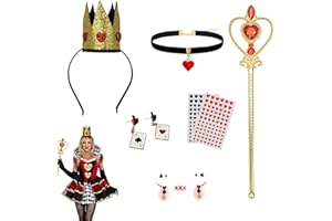 Queen of Hearts Costume Accessory Set for Adults and Teens 6PCS Dress Up Kit with Gold Crown, Heart Necklace, Poker Earrings