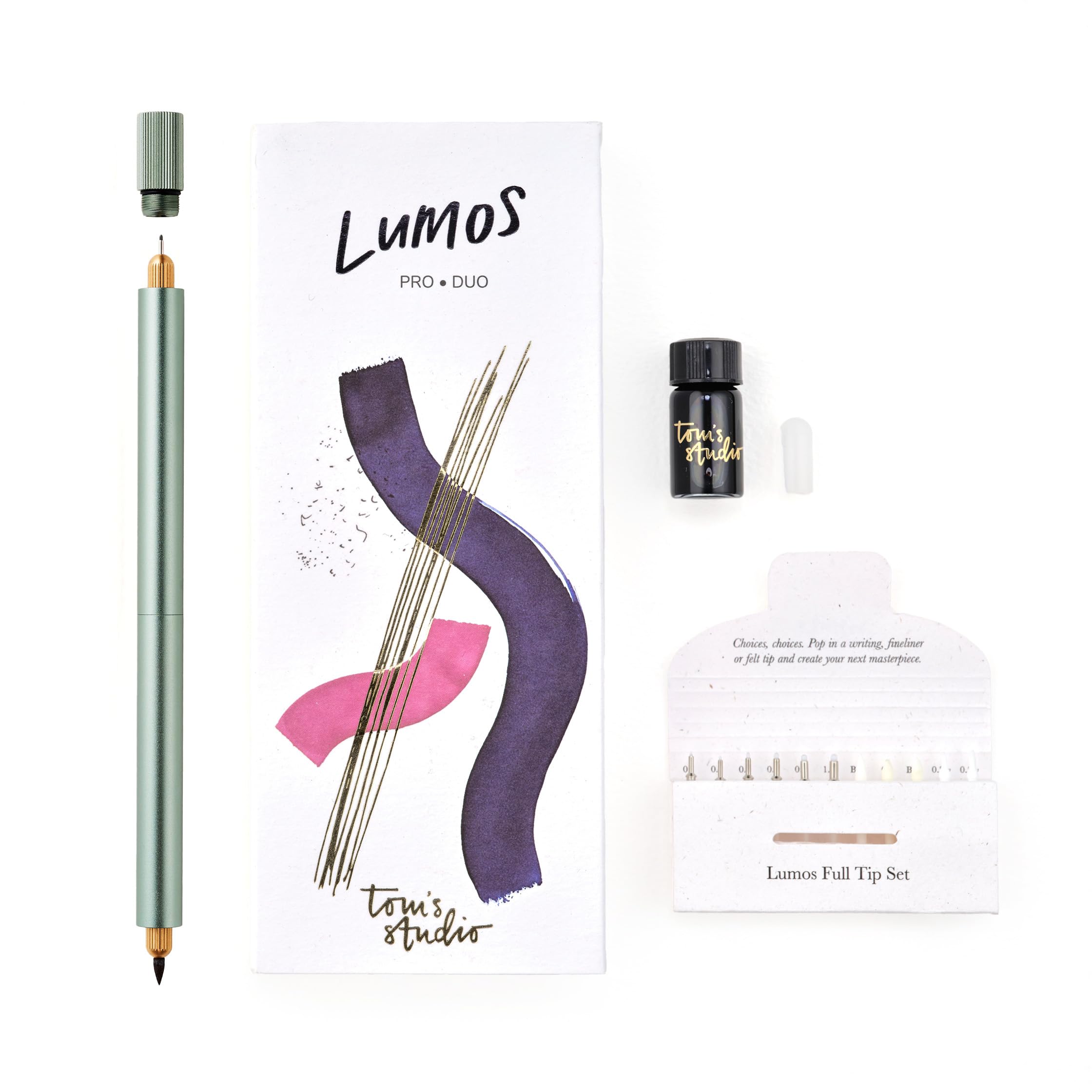 Tom's Studio Lumos Pro Duo Tip (Sage) | Refillable Fineliner, Writing & Brush Pen | Comes with 11 Tips, 3ml Deep Black Ink Sample & 2x Ink Reservoirs