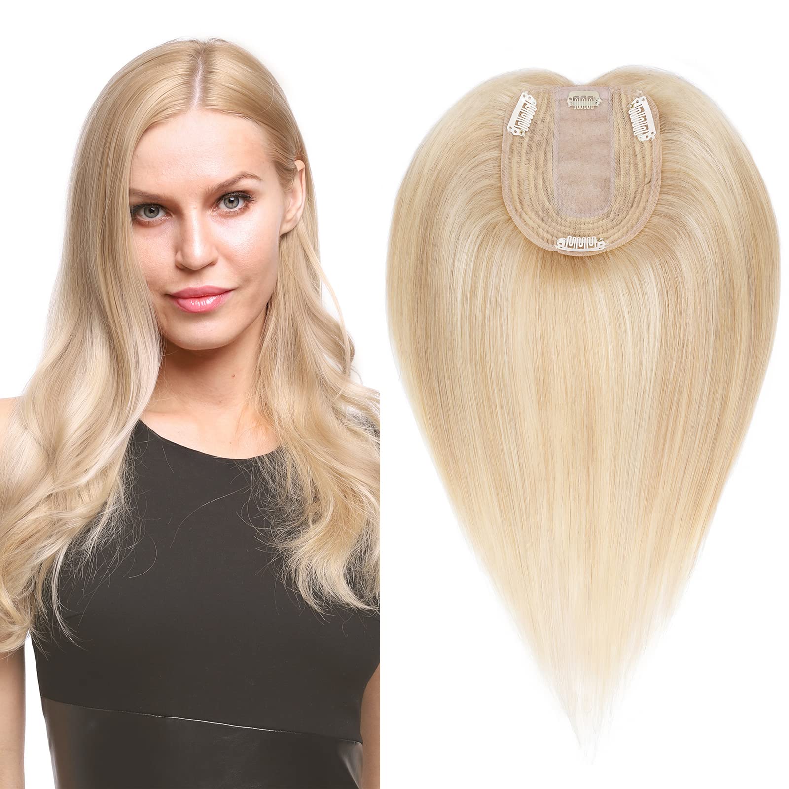 S-noilite 8 Inch 100% Human Hair Toppers Clip in Real Hair Topper for Thinning Hair Women uk Hair Piece Clip in Toupee 31g（#18/613 Ash Blonde and Bleach Blonde）