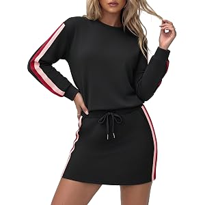 Casly Lamiit 2 Piece Skirt Sets for Women Side Striped Athletic Sweatsuit | Long Sleeve Sweatshirt, Drawstring Skorts, Tennis