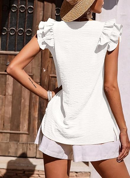SAMEFAR WOMEN SUMMER TOPS V NECK RUFFLE SLEEVELESS SHIRTS FASHION 2024 DRESSY TANK TOPS FOR WOMEN WHITE SMALL