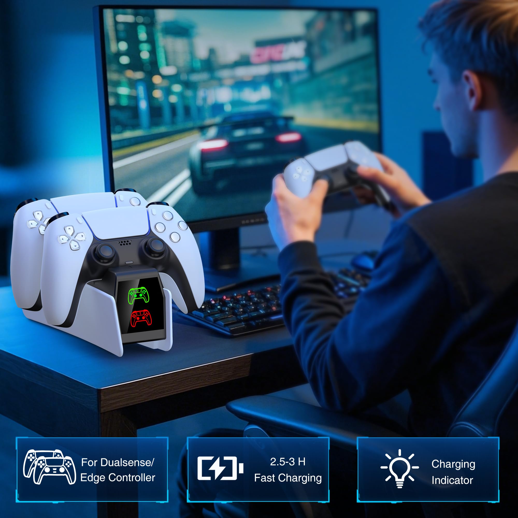 PS5 Controller Charging Station, PS5 Charging Dock Compatible with PlayStation 5 DualSense & Edge Controllers, PS 5 Accessories Charging Dock Stand with LED Indicators & Charging Cable