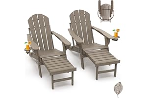 GREENVINES Adirondack-Chairs-with-Ottoman | Set of 2 | Wood Grain | Folding | Retractable-Footrest | HDPE Plastic | All Weather Fire Pit Chair | Cup Holders | for Outdoor Poolside