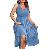 RWJ Plus Size Summer Sleeveless Tank Dress for Women 2025 Smocked Casual Loose Sundress Flowy Beach Tiered Long Midi Dresses