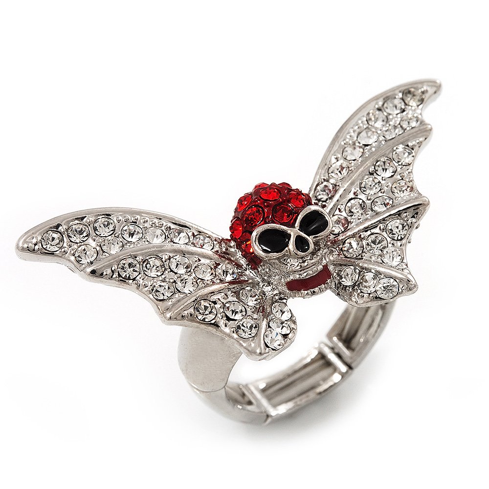 Avalaya Clear/Red Crystal Skull and Wings Stretch Ring/Silver Tone/4.5cm Across/Size 8/9