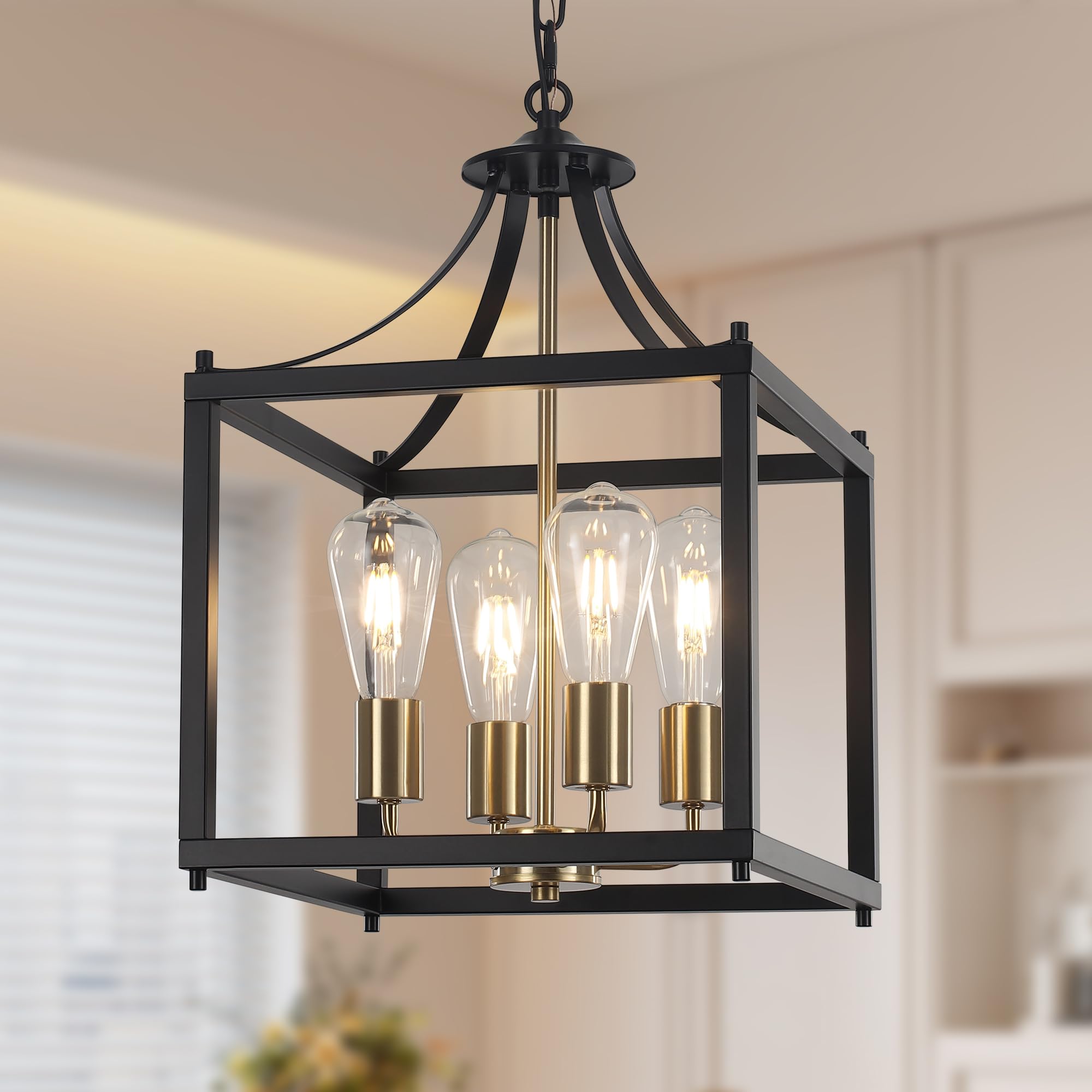 Photo 1 of Febeleven 4-Light Gold Farmhouse Chandelier with Rustic Metal Frame Shade, E26 Bulb Base, Adjustable Height Industrial Ceiling Lights for Dining Room Kitchen Entryway and Foyer