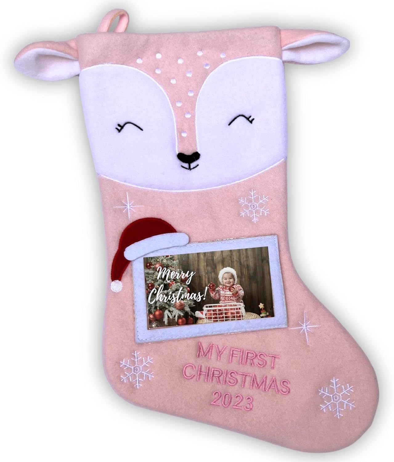 Stockings & Holders - Heart's Sign My First Christmas Stocking 2023 with Photo | Babys First Christmas Stocking 2023 | Babys 1st Christmas Stocking | Newborn Gifts for Christmas (Pink)