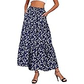Yewanka Women's Drawstring Elastic High Waisted Boho Floral Print Maxi Skirt Summer A-Line Flowy Long Skirts with Pockets