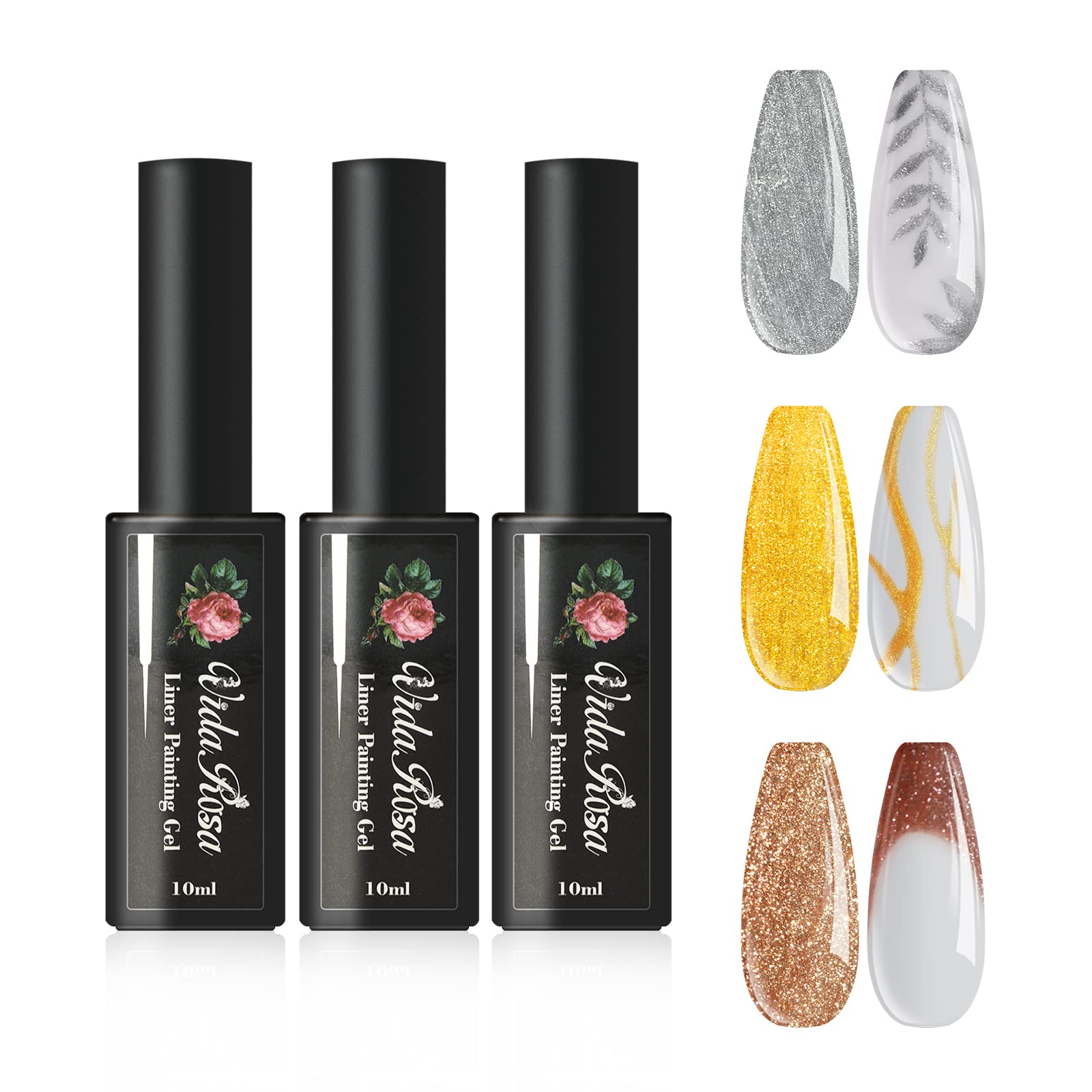 Gold & Silver & Rose Gold, VidaRosa Professional Gel Nail Polish Special Liner Brush for Manicure Striping/Strokes/Painting Details, Nails Gel Liner Polish for UV LED Nail Art Drawing Salon Use