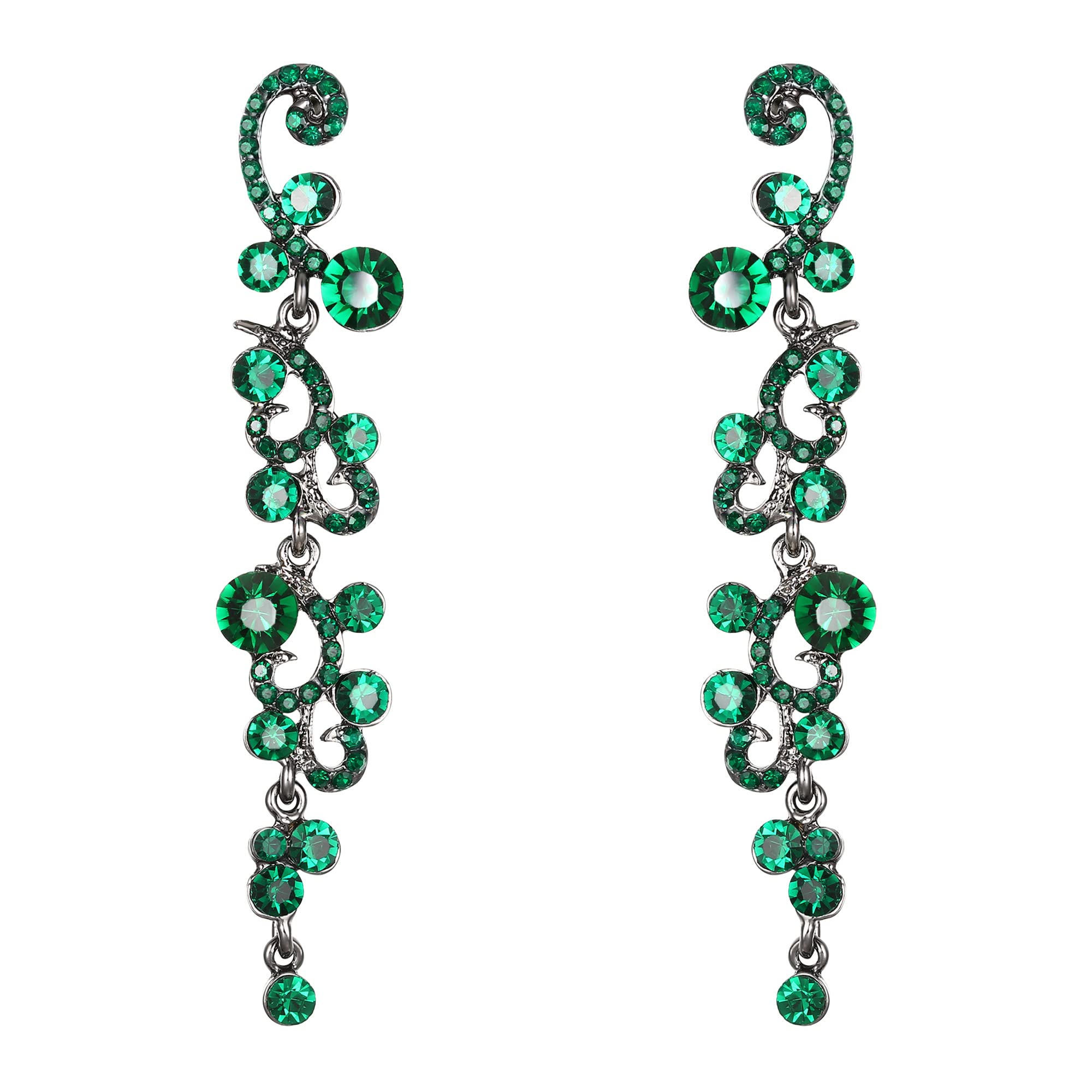 EVER FAITH Green Earrings for Women Dangling, Sparkly Rhinestone Crystal Vintage Floral Vine Long Drop Dangle Earrings Wedding Party Jewellery for Brides Bridal Black-Tone