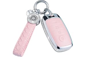 RUABIBAN Key Fob Cover for Kia NIRO Forte Optima Sorento Rio Soul Sportage, Pink Genuine Leather Crystal Car Keys Shells Cases 4 Button Full Covers Protector Keychain Women