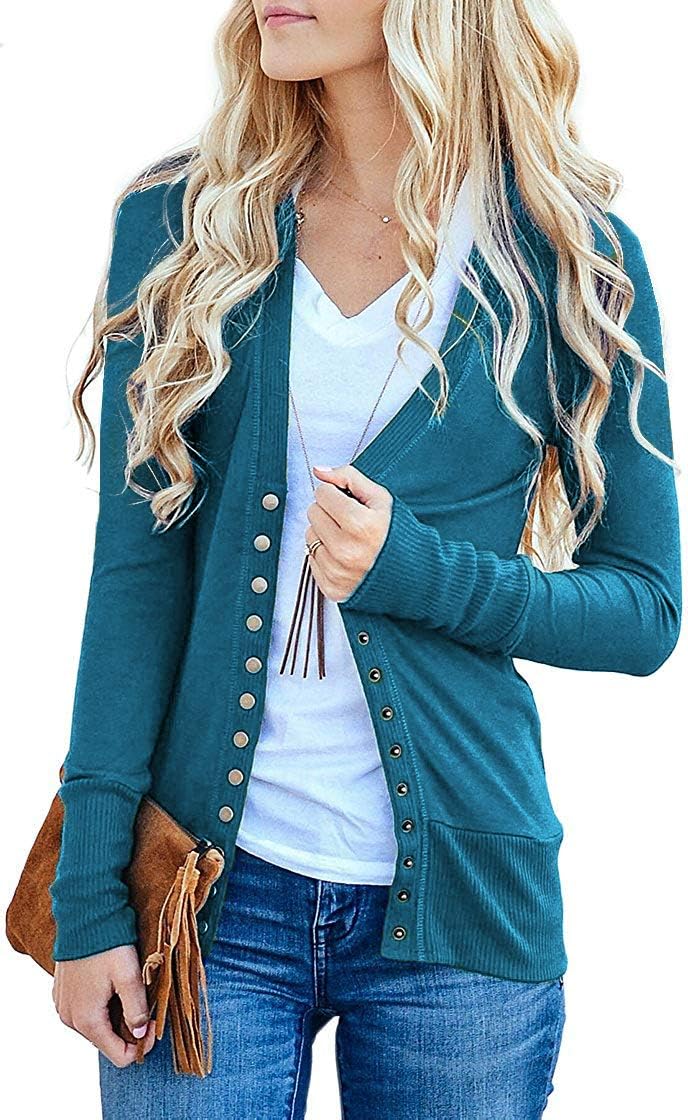 Women Long Sleeve Snaps Button Down V Neck Cute Knit Sweater Cardigan