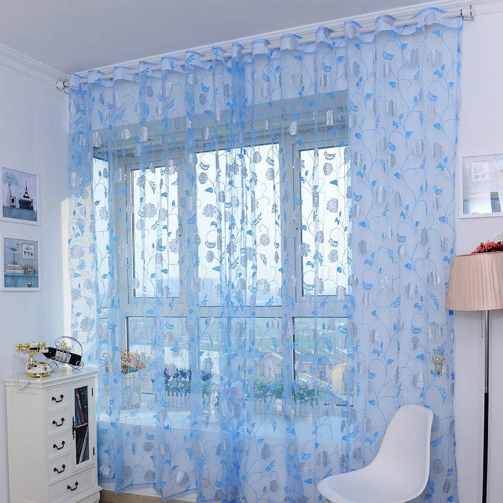 qinshop2017 Peony Tulle Voile Door Lace Window Curtain for Bedroom Living Room39.37"78.74" (blue)